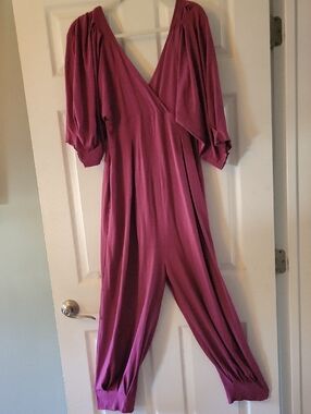 Free People Magenta V-Neck Puff-Sleeve Jumpsuit